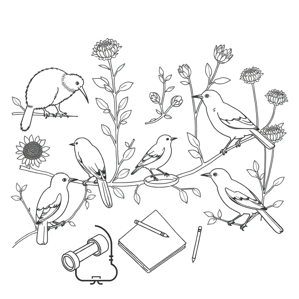 Colourful New Zealand birds including tui and fantail