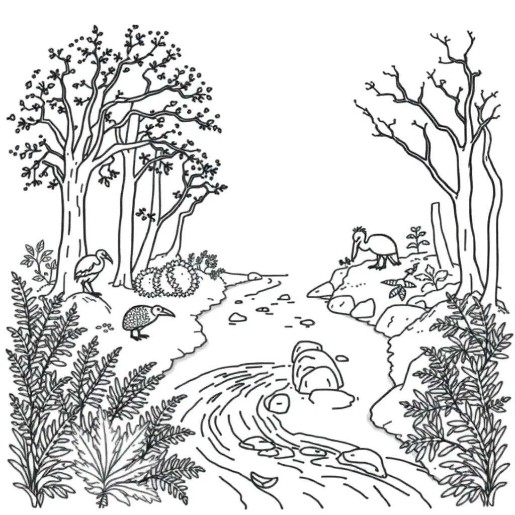 New Zealand ecosystem with native plants and animals