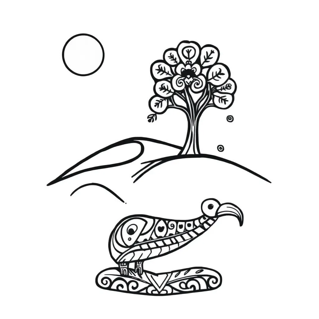 Colourful illustration of a dragon flying over a forest with descriptive words floating around