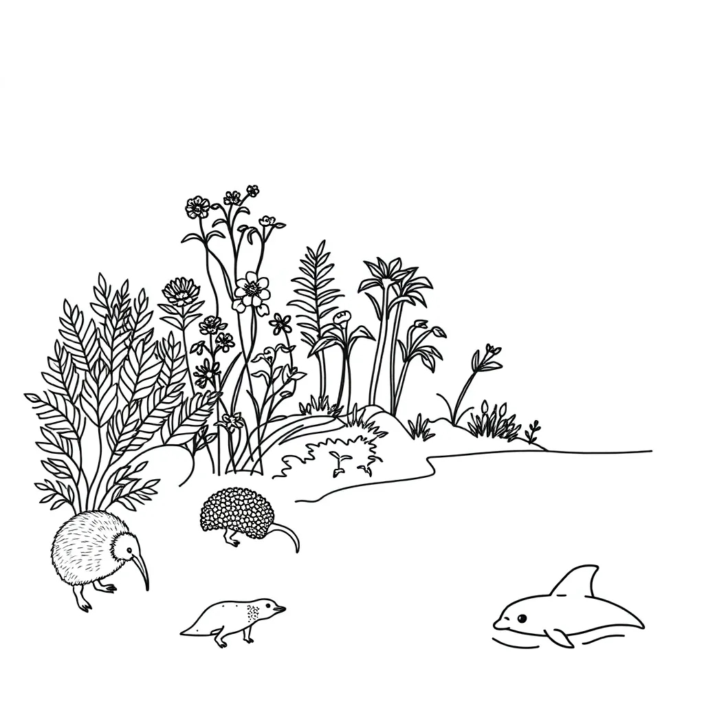 New Zealand forest habitat with native plants and animals