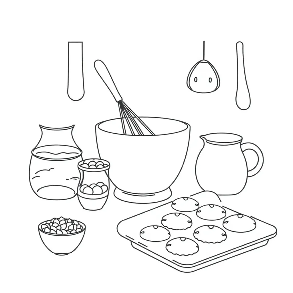 Baking ingredients and muffins illustration