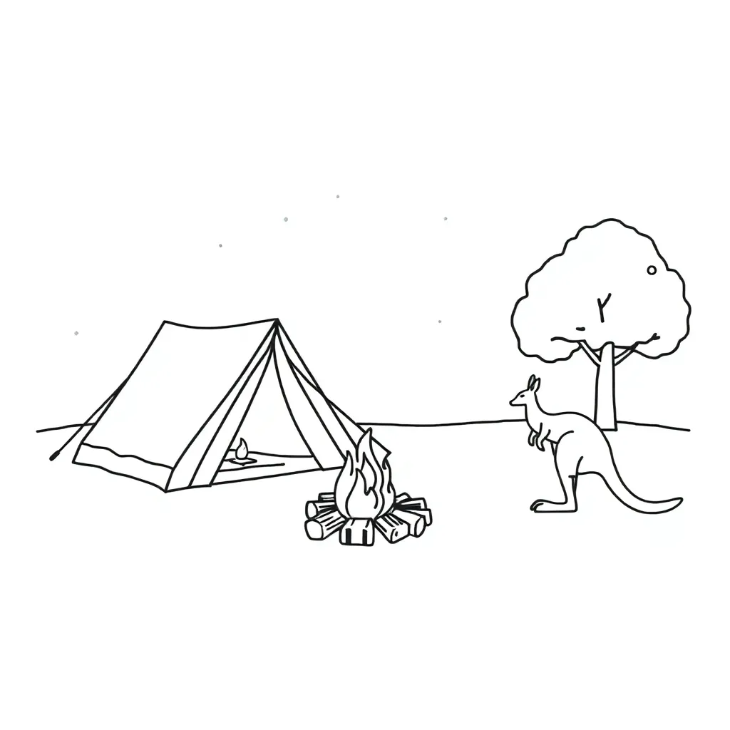 Camping scene with tent, backpack and campfire