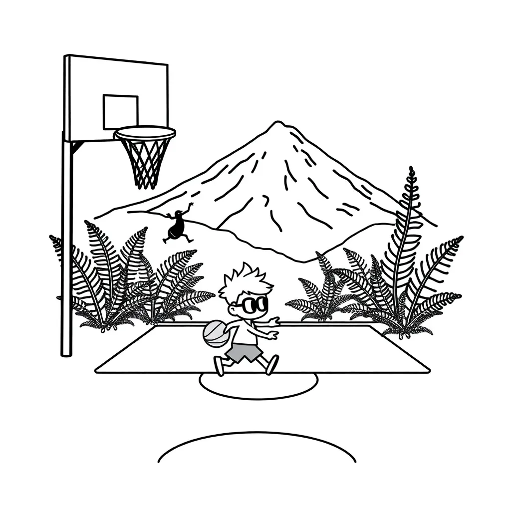 Cartoon character with white hair and glasses holding a basketball
