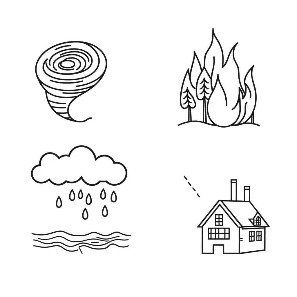 Natural disaster illustration showing various disasters like earthquakes, floods, and cyclones