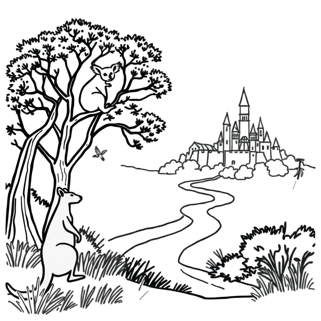 Fairy tale castle with magical creatures