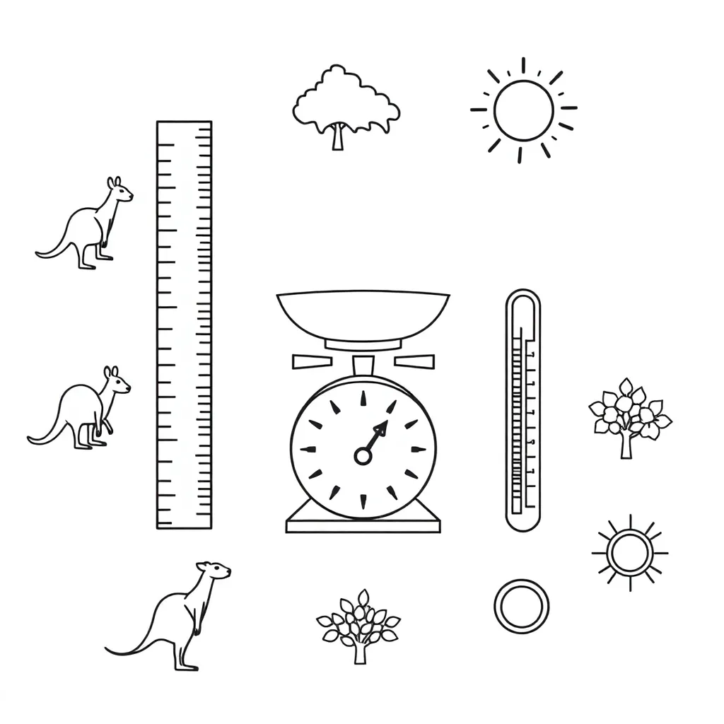 Measurement tools including ruler, scales, measuring jug and thermometer