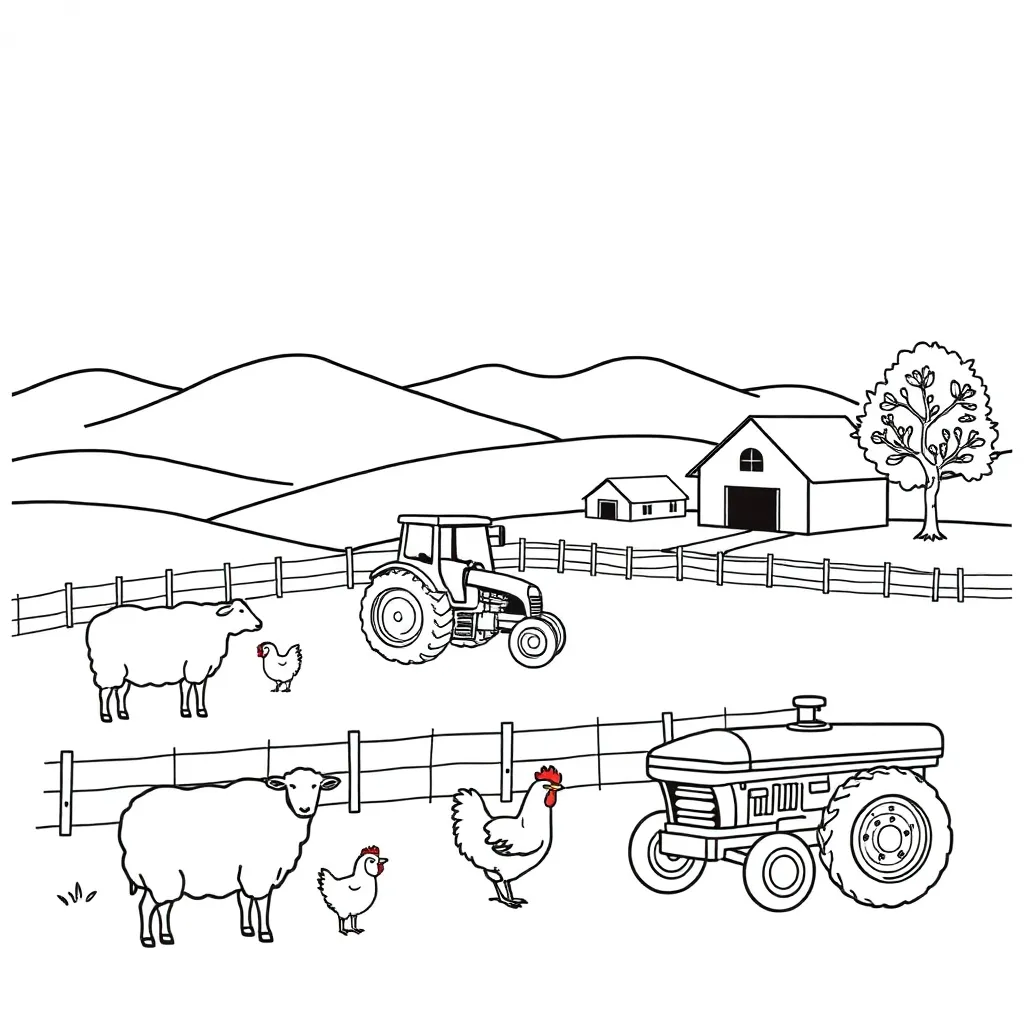 Farm scene with animals and objects