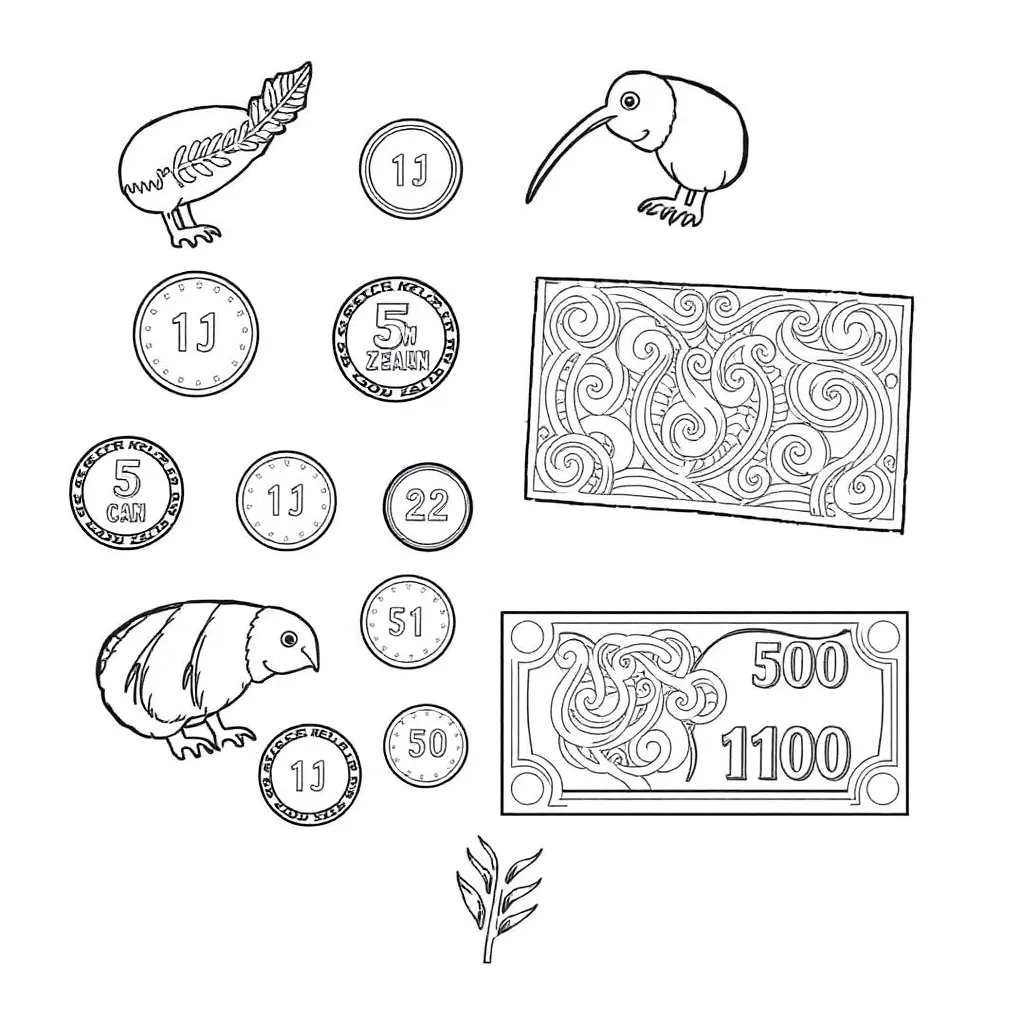 New Zealand coins and notes illustration