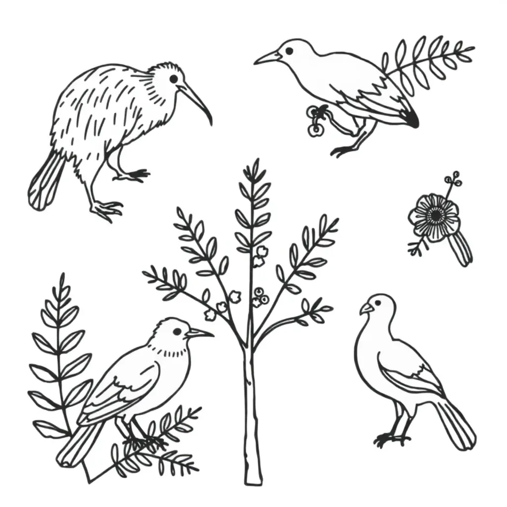 Native New Zealand birds illustration