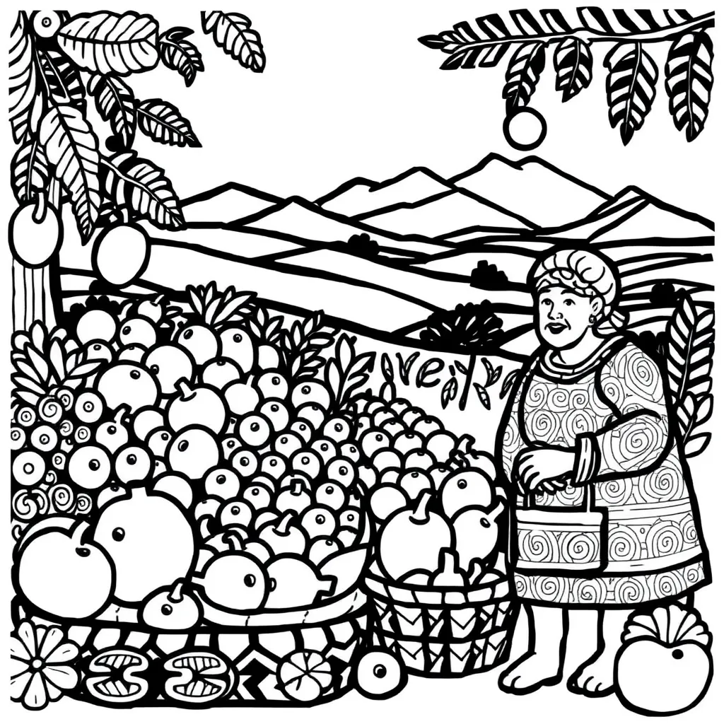 Granny at market with fruits and vegetables