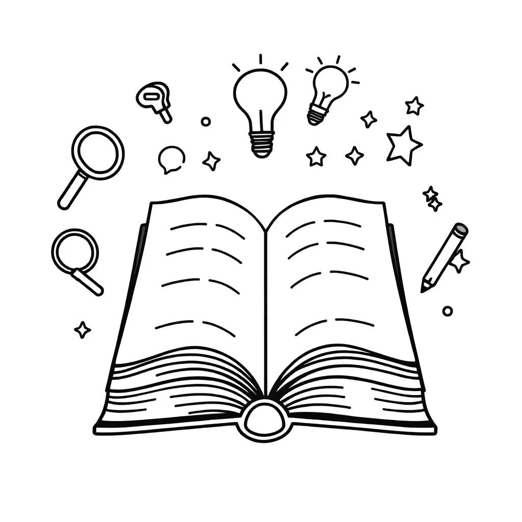 Story elements illustration with books and characters