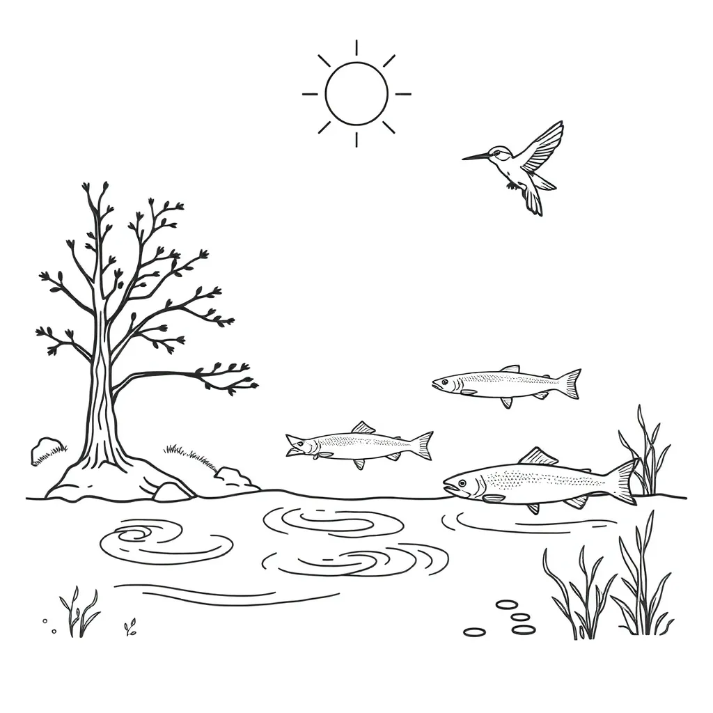 New Zealand river ecosystem with fish, insects and plants