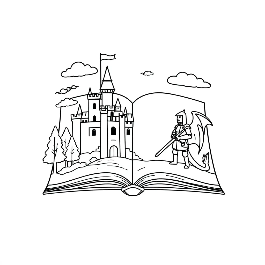 Open book with story elements floating above it