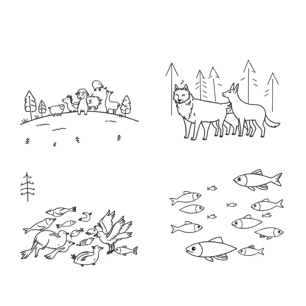 Various animals including a lion, bird, and fish