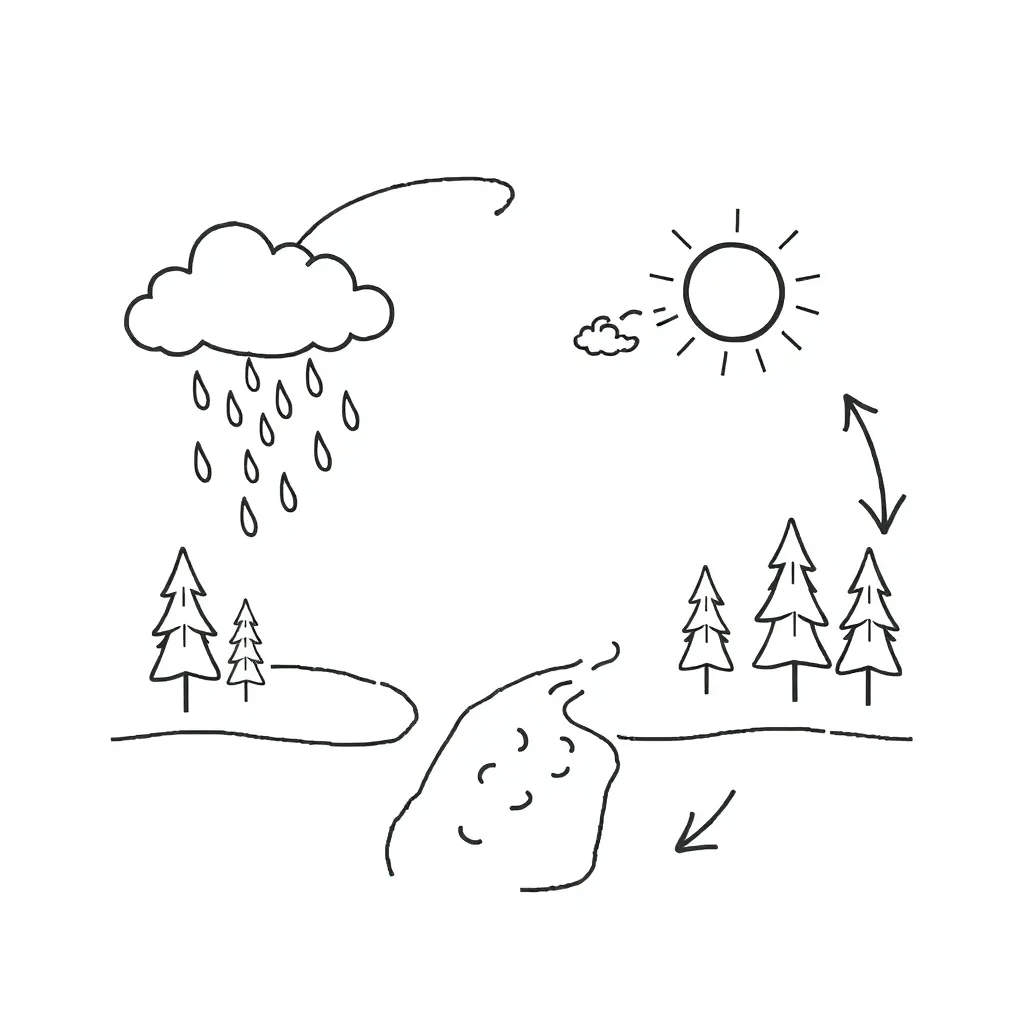 Water cycle illustration showing sun, clouds, rain, and water bodies