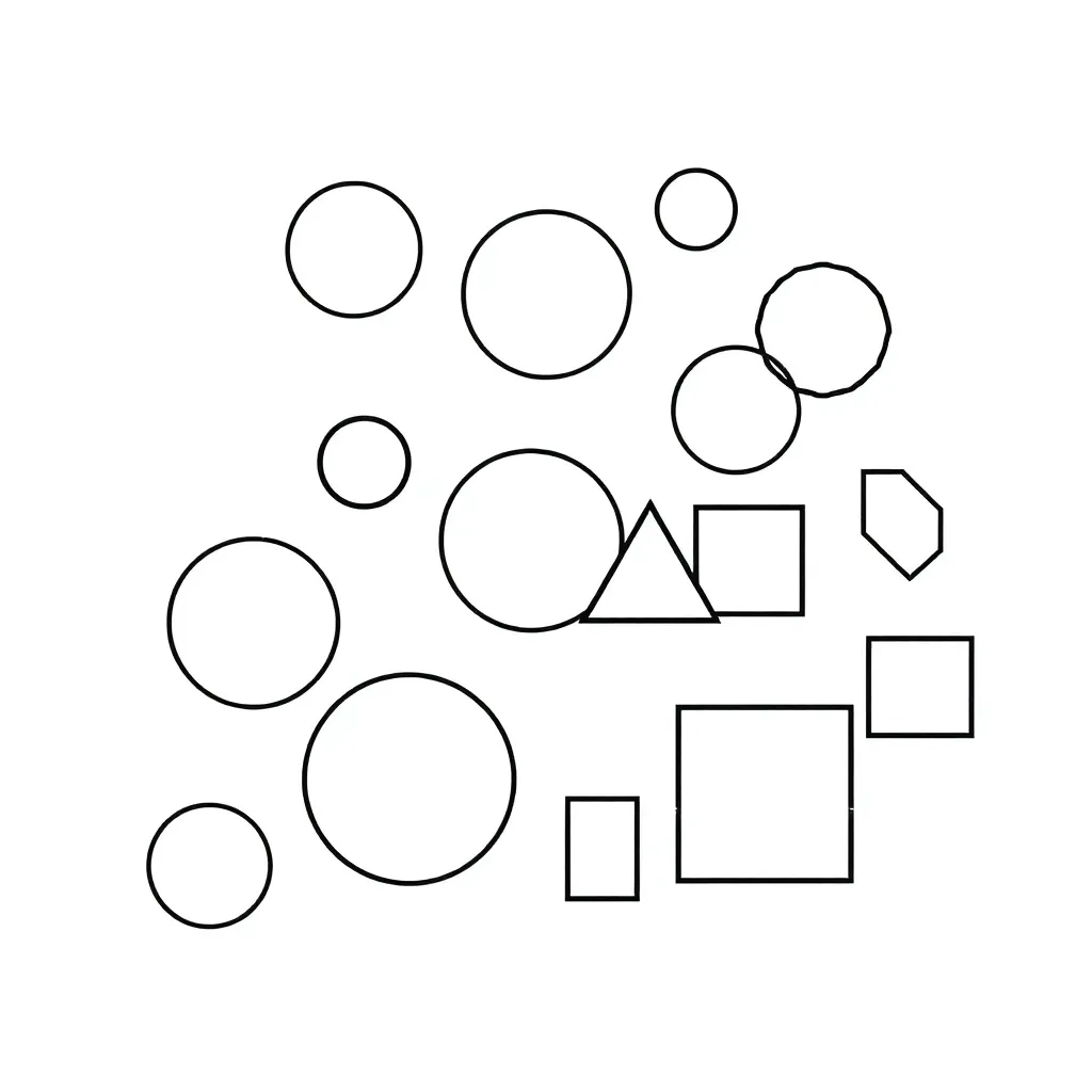 Colourful 2D shapes including circles, squares, triangles and rectangles