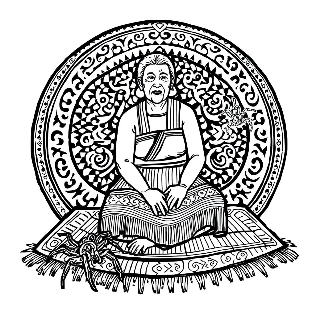 Kuia and spider illustration