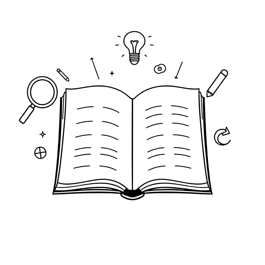 Child reading a book with thought bubbles showing prediction, question, and summary icons