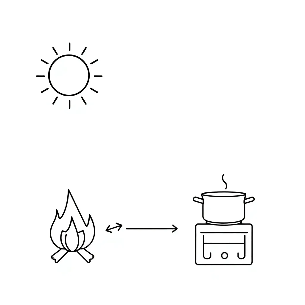 Heat transfer illustration showing conduction, convection, and radiation