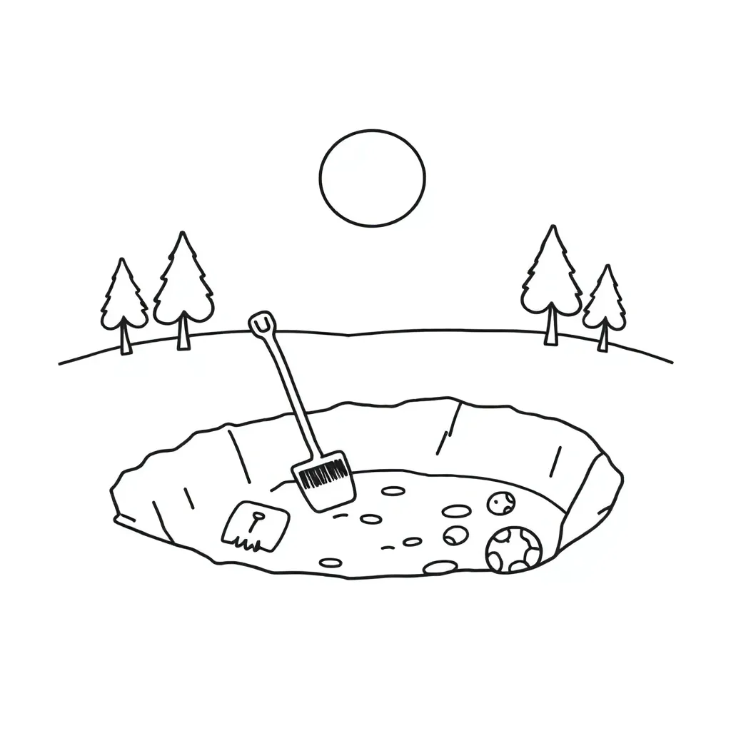 Archaeological excavation site with tools and artifacts