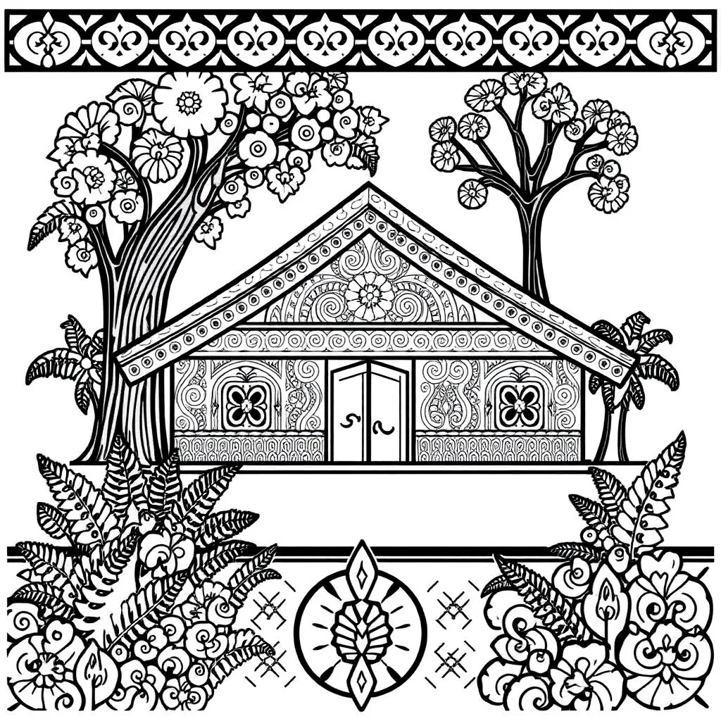 Traditional marae buildings illustration