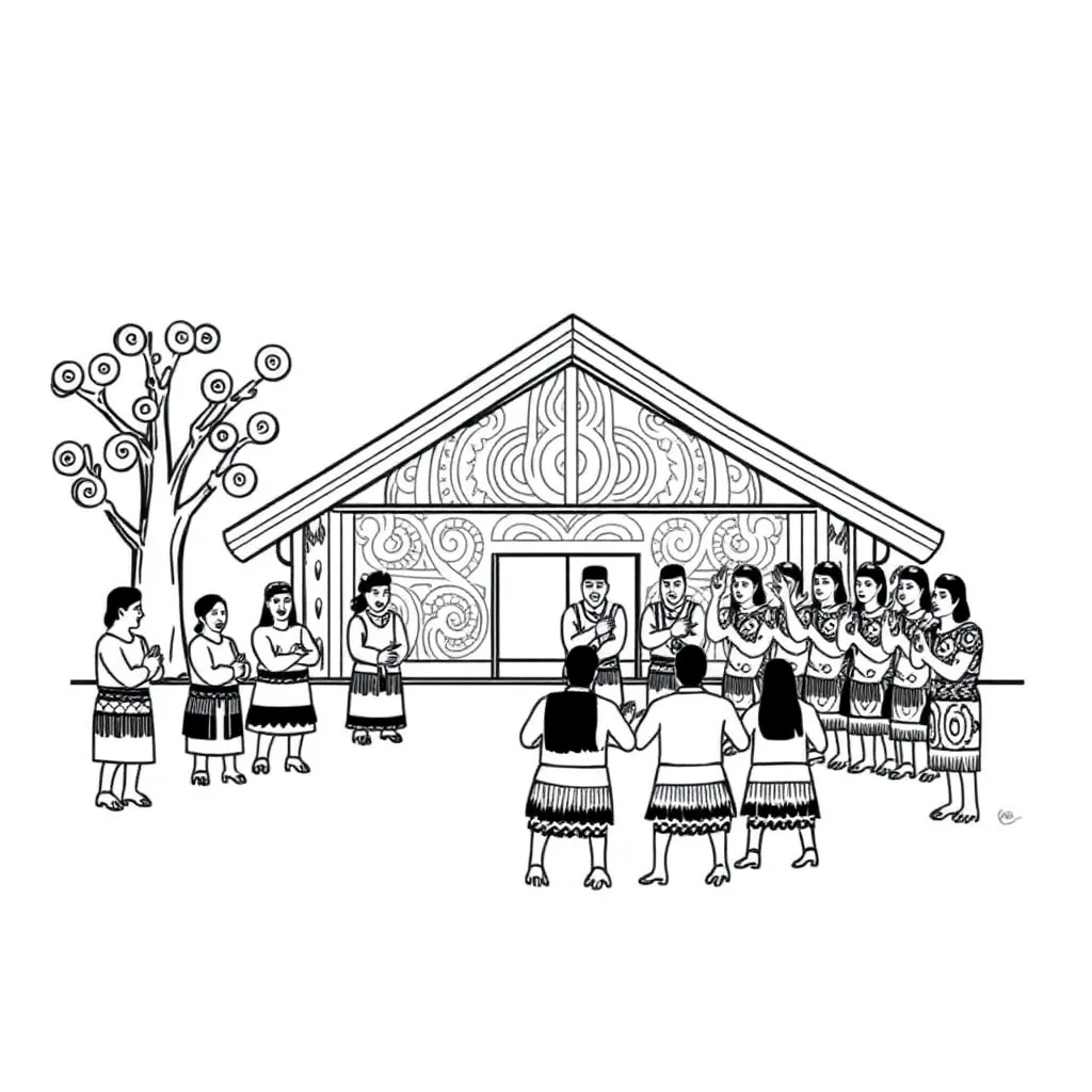 Marae and pōwhiri ceremony illustration
