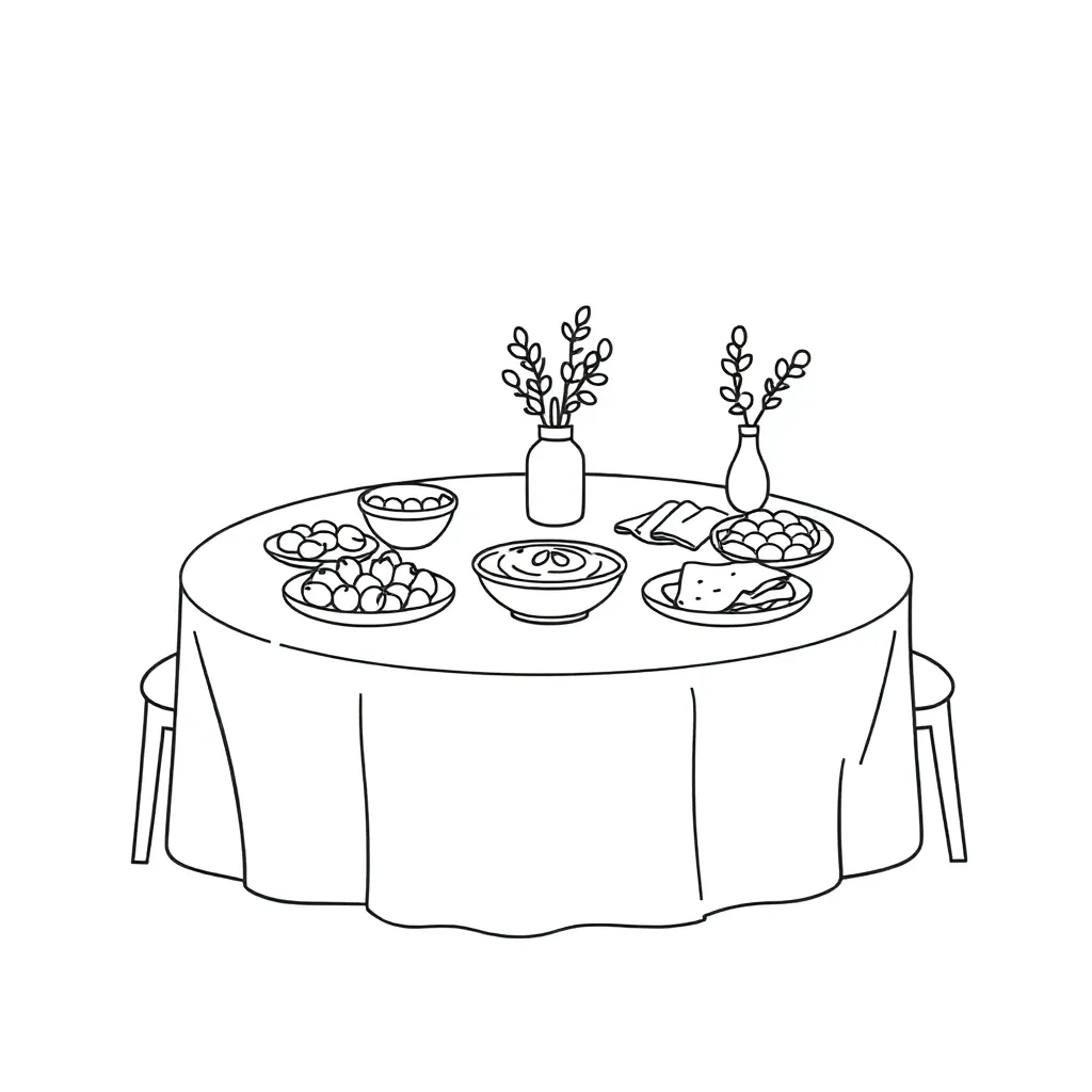 Greek dinner party with columns and food