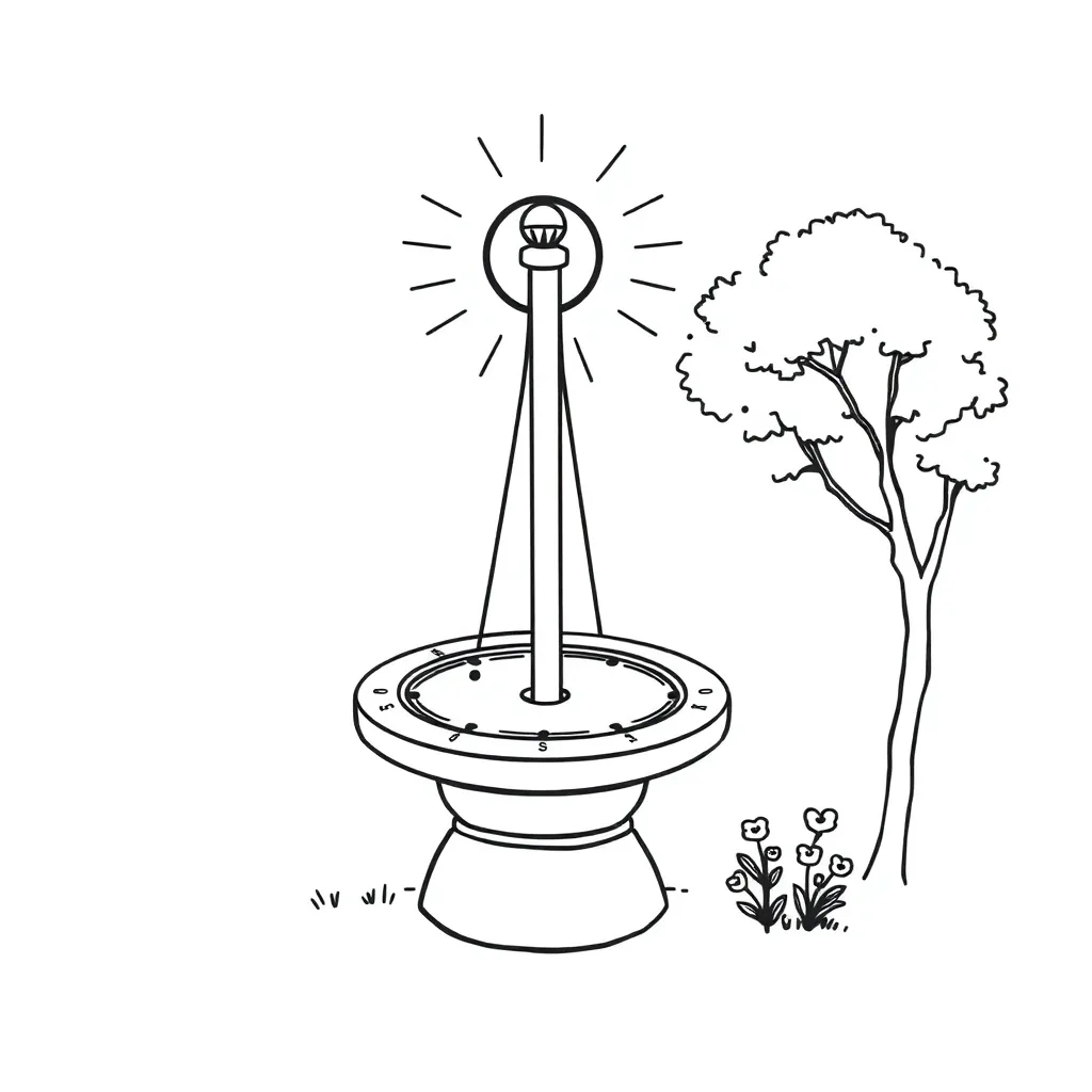 Sun casting shadows and sundial illustration