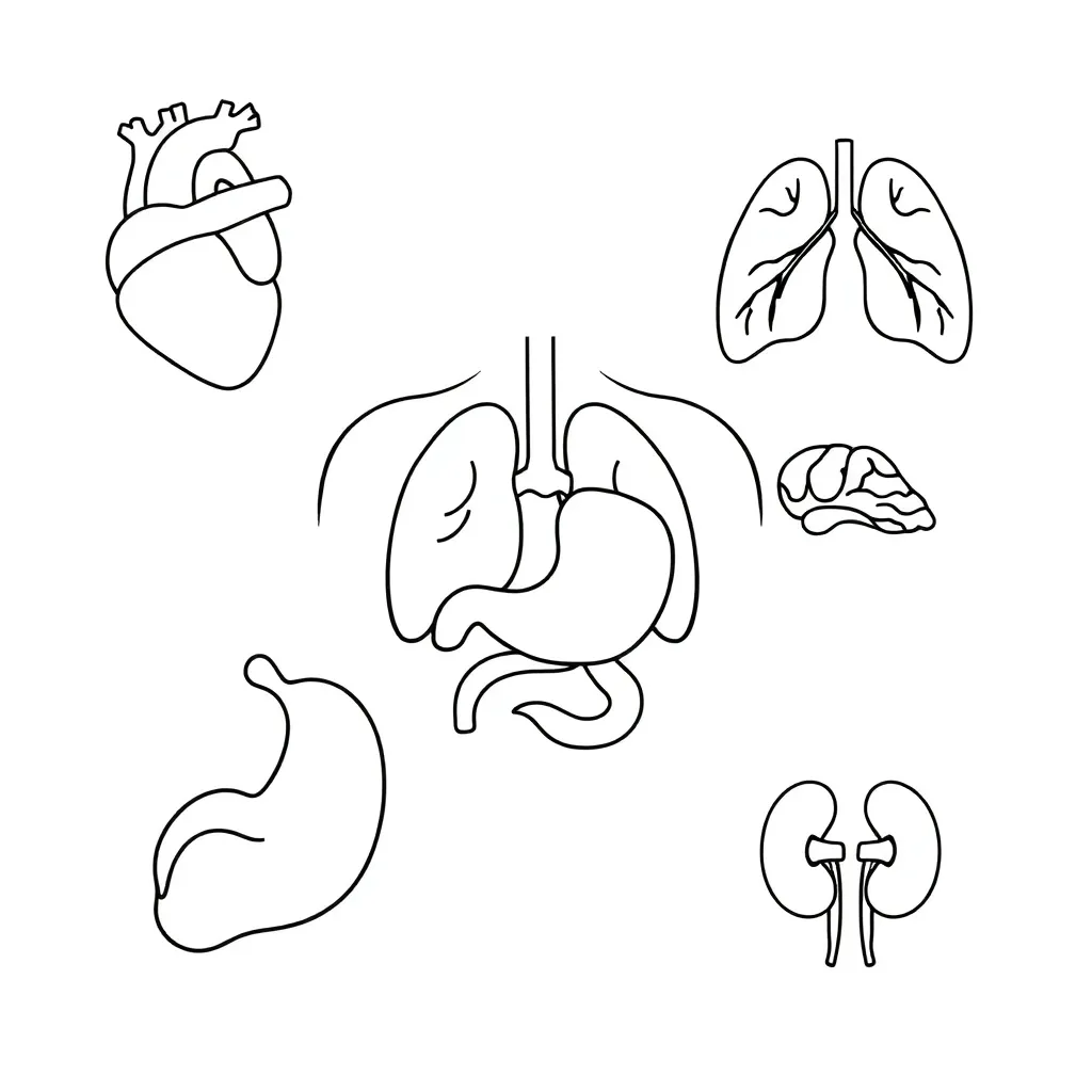 Human body diagram showing major organs