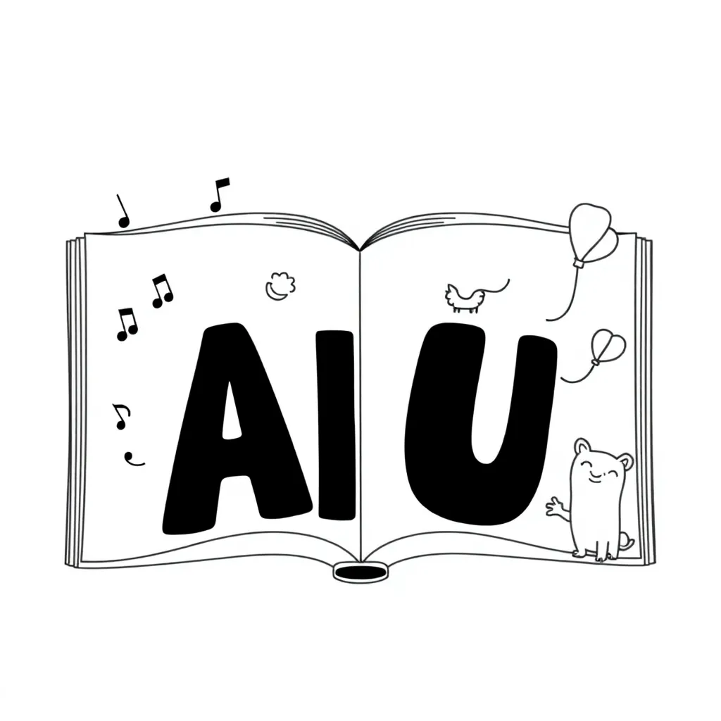 Colorful vowels A E I O U with pictures