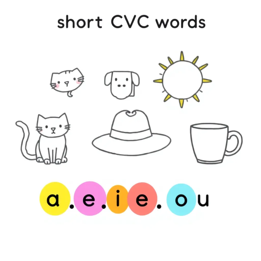 Colorful vowels A, E, I, O, U with pictures