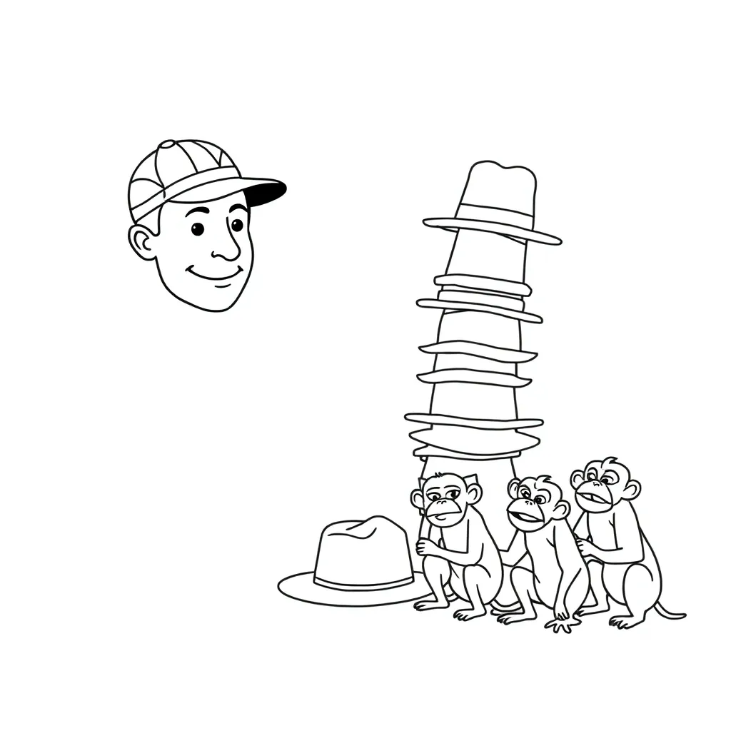 Peddler with caps and monkeys in tree