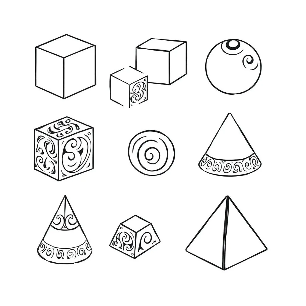 3D shapes including cube, cylinder and sphere
