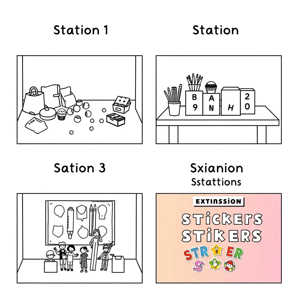 Division stations with marbles, cupcakes, pencils and stickers