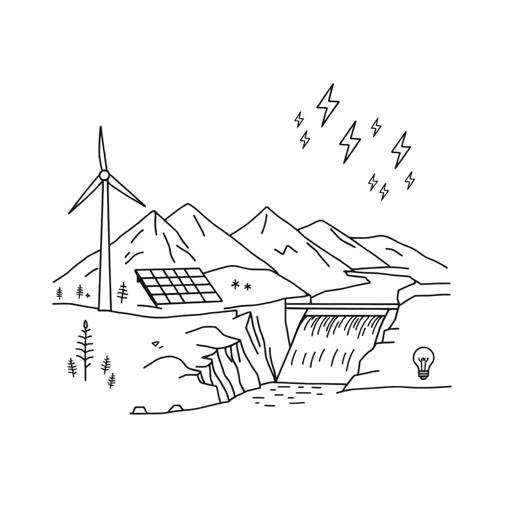 Electric power lines and wind turbines in New Zealand landscape