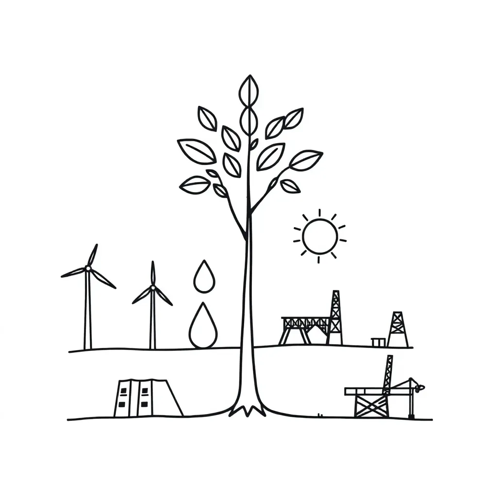 Natural resources illustration showing trees, water, and wind turbines