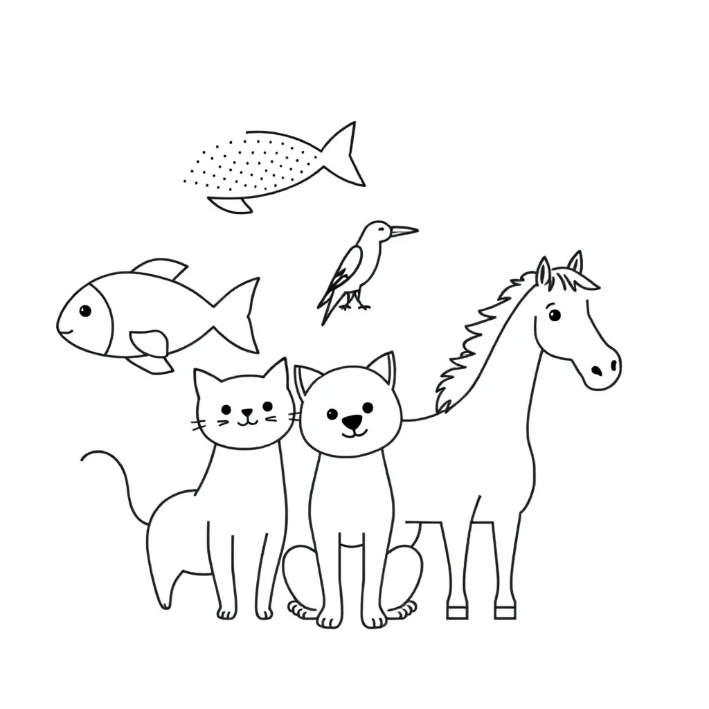 Various vertebrate animals including fish, bird, mammal, reptile and amphibian