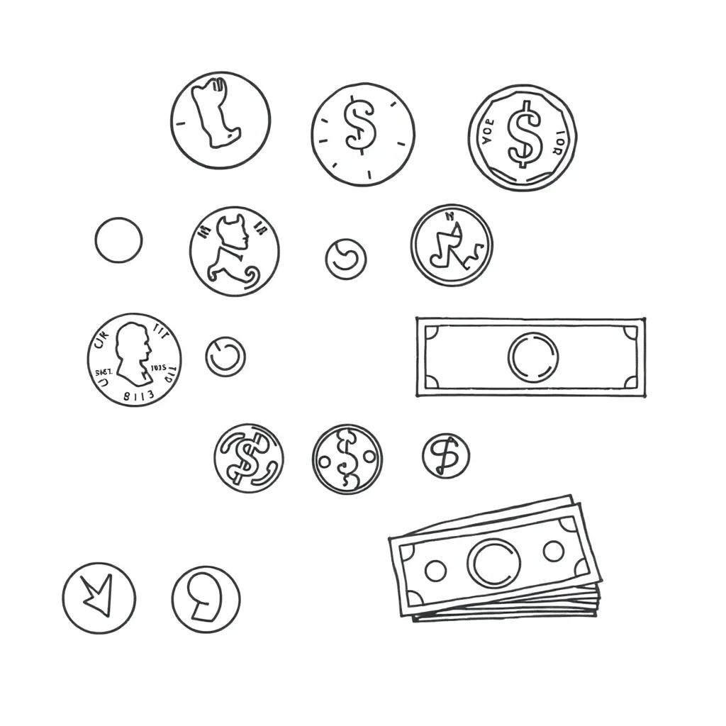 Coins and dollar bills illustration