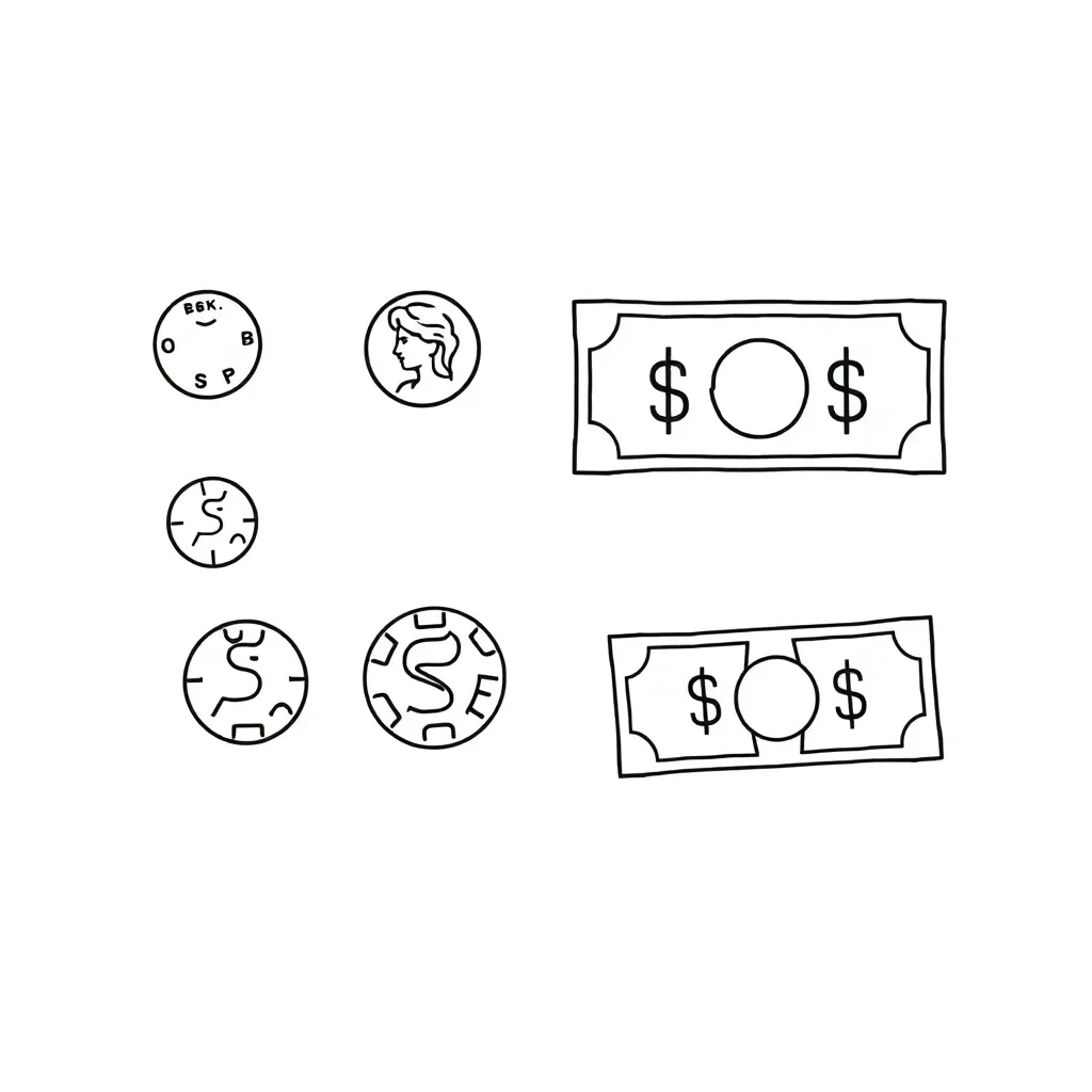 Coins and dollar bills illustration
