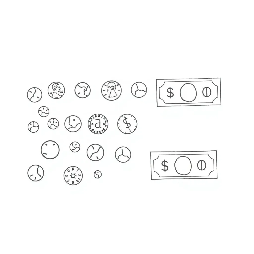 Coins and dollar bills illustration