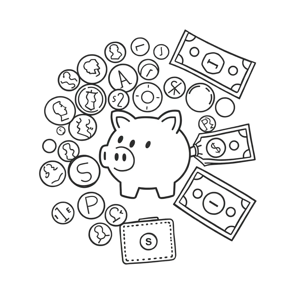 Coins and dollar bills illustration
