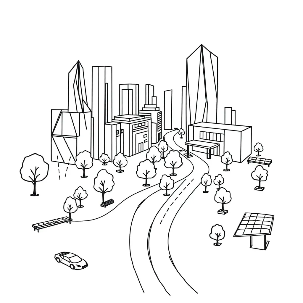 Futuristic city with geometric buildings and shapes