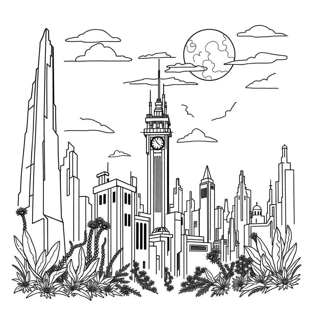 Dystopian cityscape with surveillance cameras