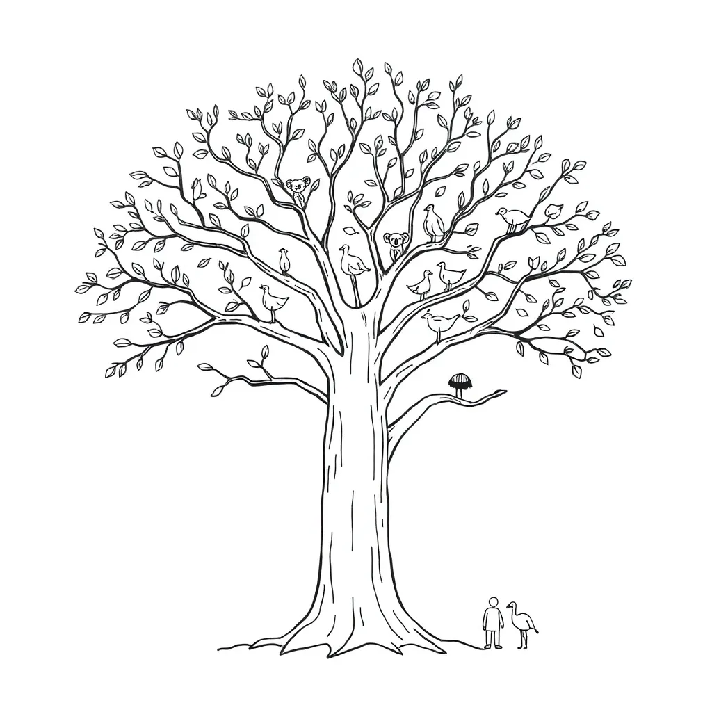 Family tree with connected branches showing family relationships