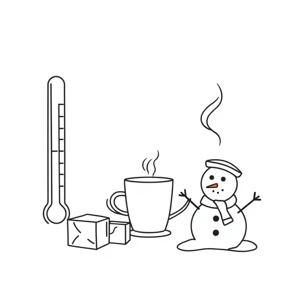 Ice cubes melting and steam rising from hot water
