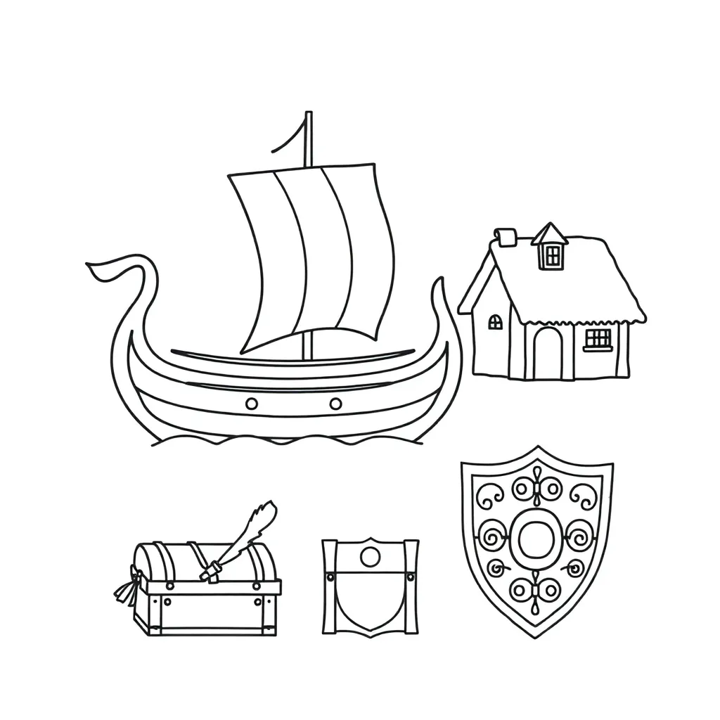 Viking longship and school building illustration