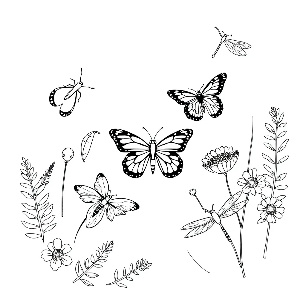 Colourful insects including butterfly, beetle, and ant