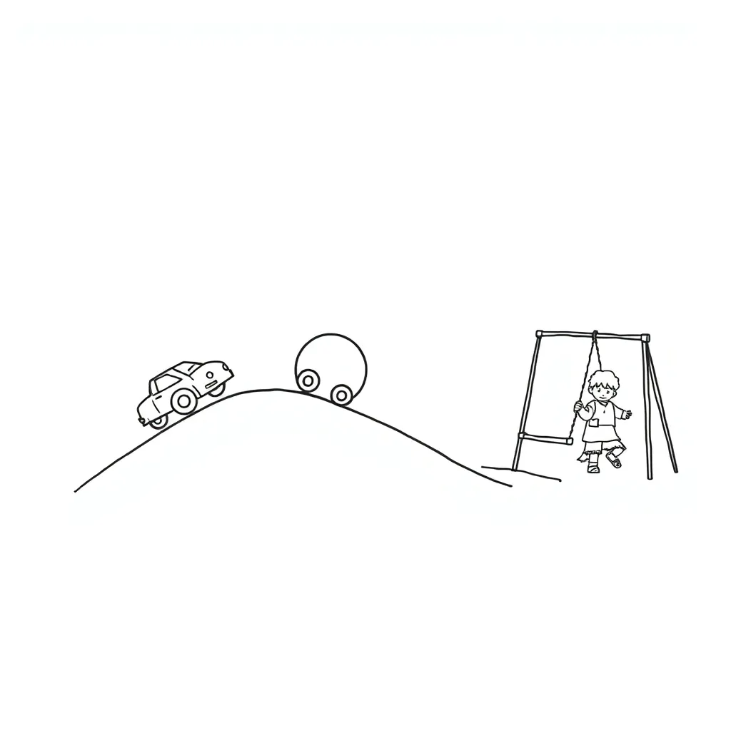 Toy car on a ramp with arrows showing force and motion