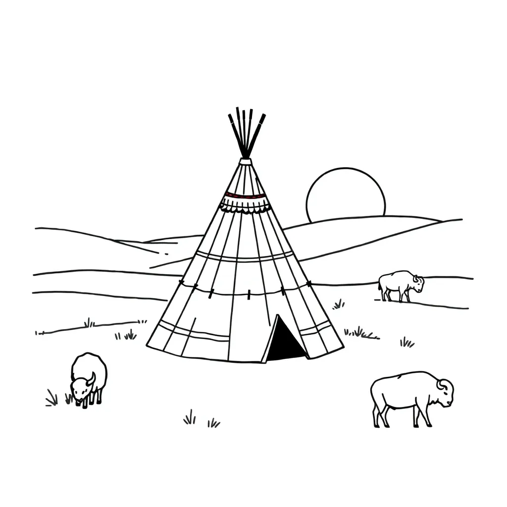 Plains Native American tepee and buffalo on grasslands