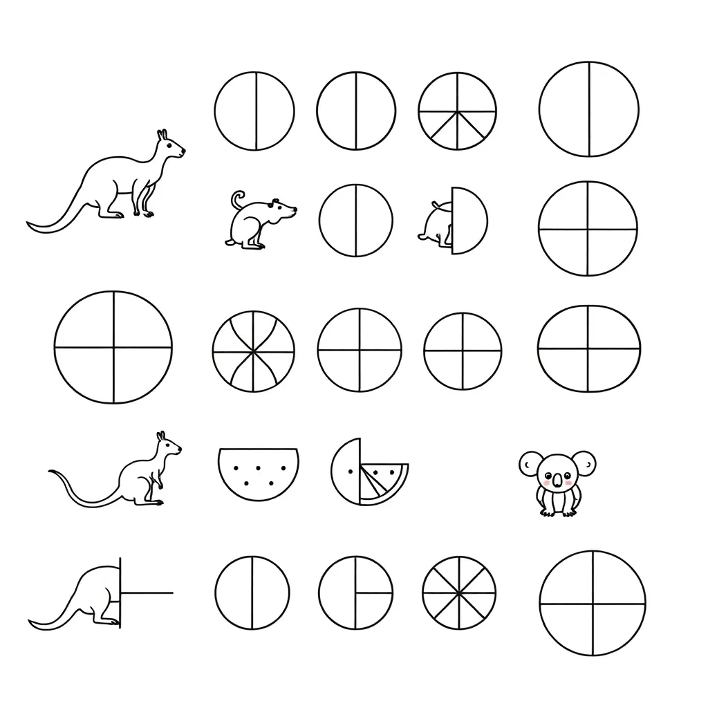 Shapes divided into halves and quarters